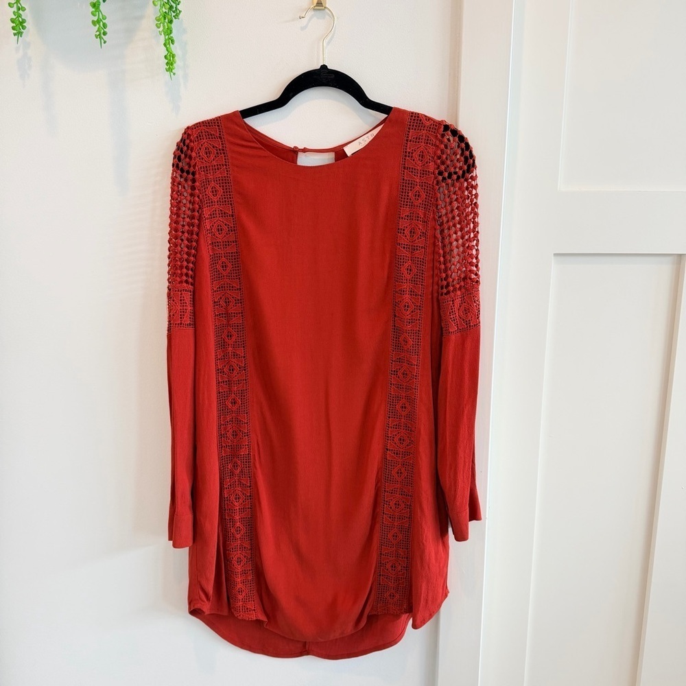 Astr The Label Rust Red Boho Crochet Detail Long Sleeve Dress Women's Size XS